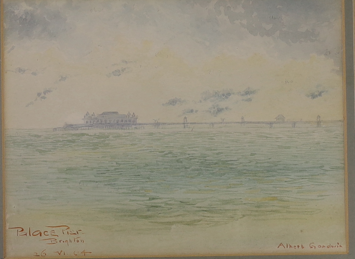 Albert Goodwin (1845-1932), watercolour, 'Palace Pier, Brighton', signed and dated ‘16.VI.04', 15cm x 12cm and Circle of Albert Goodwin (1845-1932) Newlyn School, oil, Harbour scene with figures and boats, 28cm x 22cm